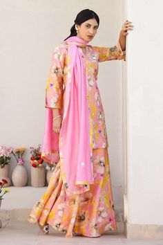 Pink kurta with floral and honeycomb print highlighted by sequin and bead. Comes with matching printed sharara and gota border dupatta. - Aza Fashions Traditional Chanderi Sharara With Floral Print, Chanderi Sharara With Floral Print And Traditional Drape, Unstitched Floral Print Sharara For Eid, Designer Floral Print Sharara For Eid, Eid Floral Print Unstitched Sharara, Floral Print Sharara For Wedding And Eid, Semi-stitched Chanderi Sharara With Floral Print, Semi-stitched Yellow Sharara With Floral Print, Semi-stitched Floral Print Chanderi Sharara