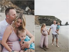 a man and woman holding a baby on the beach with two other people standing next to them