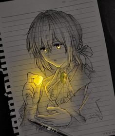 a drawing of a girl holding a yellow light in her hand and looking at the camera