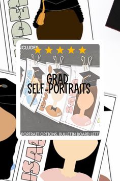 the self portraits are being displayed with graduation caps and gowns on top of them