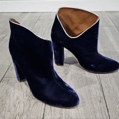 Size 37.5/ Us 7m Indigo Blue Velvet. Very Good Condition. **Tiny Small Nick On Velvet Around Vamp (Last Pic). Side Zipper. Leather Lined. Metallic Trim On Top Edge. 3.75" Velvet Wrap Heels. Leather Soles. Malone Souliers, Wrap Heels, Indigo Blue, Blue Velvet, Ankle Booties, Side Zipper, Block Heels, Bootie Boots, Ankle Boots