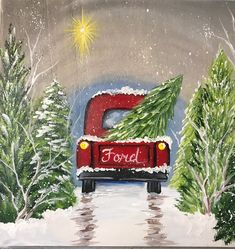 a painting of a red truck carrying a christmas tree on its back in the snow