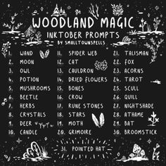 a black and white poster with the words woodland magic written on it