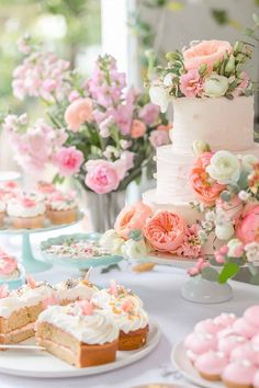 a table topped with lots of different types of cakes and cupcakes on top of plates