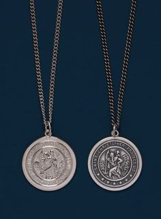 Saint Christopher Round Medium Size Pendant Medal Sterling Silver - Patron Saint of travelers, athletes, protection medal of St Christopher His most famous legend tells that he carried a child, who was unknown to him, across a river before the child revealed himself as Christ. Therefore, he is the patron saint of travelers, and small images of him are often worn around the neck, on a bracelet, carried in a pocket, or placed in vehicles by Christians. Patron Saint of Athletes, bachelors, trans... Famous Legends, Small Images, St Christopher, Saint Christopher, Neck Chain, Men Jewelry, Patron Saints, Oxidized Sterling Silver, Shiny Silver