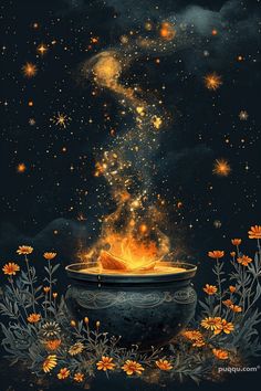 a painting of a bowl full of fire with stars in the sky and flowers around it