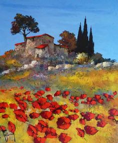 a painting of an old house on a hill with poppies in the foreground