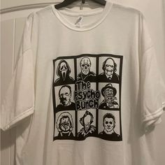 The Psycho Bunch I Can Make 8 More Of These In Other Sizes And Color Shirt Just Message Me! Listing As Men’s But These Are Unisex Shirts Interested In A Different Color Shirt? Send Over A Message And Lets Talk :) Washing Directions **Do Not Dry Clean ** Do Not Use Fabric Softener ** Do Not Use Oxyclean ** Wash Garment Inside Out And Hang Dry Or Dry On Low Heat. Halloween Horror Chucky Pennywise Saw Volleyball Hoodie, Mens Red Shorts, Lets Talk, Mens Graphic T, Orange T Shirts, Beach T Shirts, Beer Shirts, Tour Shirt, Halloween Horror