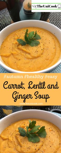 two bowls filled with carrot, lentil and ginger soup on top of a table