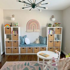 a child's playroom with toys, bookshelves and toy storage units