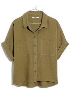 Relaxed Fit Khaki Shirt For Beach, Relaxed Fit Khaki Beach Shirt, Khaki Button-up Beach Top, Relaxed Fit Khaki Top For Vacation, Khaki Relaxed Fit Top For Vacation, Summer Cotton Blouse With Pockets, Cotton Summer Blouse With Pockets, Casual Khaki Tops For Beach, Khaki Cotton Tops For Vacation