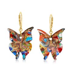 PRICES MAY VARY. ITALIAN MURANO GLASS AND 18KT GOLD OVER STERLING — Italian multicolored Murano glass butterfly drop earrings with 18kt gold over sterling silver. Multicolored Murano glass beads. Polished finish. 1 3/4 in. hanging length, 1 in. wide. Lever backings. Murano glass beads are unique and may vary. THE FINISHING TOUCH — With their handmade design, these Murano glass earrings add a feminine accent to any style. Pair them with your casual or formal attire. MADE IN ITALY — Italian fine j Murano Jewelry, Murano Glass Earrings, Enamel Butterfly, Glass Drop Earrings, Gifts For Your Sister, Glass Designs, Luxury Earrings, Glass Butterfly, Artistic Style