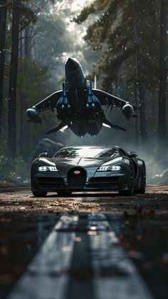 a bugatti is driving down the road in front of an airplane that is flying over it