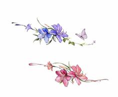 watercolor painting of purple and pink flowers with butterflies flying above them on a white background