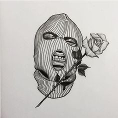 a black and white drawing of a person with a rose in front of it's face