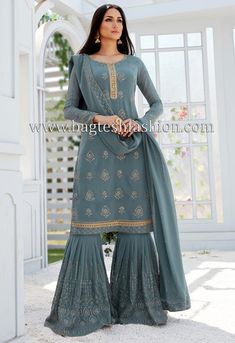 Party wear georgette with embroidery work gray gharara salwar suit embellished with resham, zari, stone, sequins and patch border work. Comes with matching bottom as sharara/gharara and georgette dupatta. Ladies Kurta, Designer Sharara, Bollywood Suits, Plazzo Suits, Salwar Suits Online, Palazzo Suit, Salwar Kameez Online, Sharara Suit