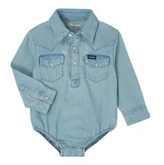 Wrangler Baby Boy Long Sleeve Denim Bodysuit with Western Snap Placket - Denim for your little cowboy!Everybody loves the easygoing style of denim, including babies. This long sleeve bodysuit has Western yokes, snap flap pockets and a snap seat closure for swift diaper changeups. Color: Faded BlueMaterial: 100% Cotton DenimPQ1371D Wrangler Denim Shirt, Denim Bodysuit, Long Sleeve Kids, Faded Denim, Long Sleeve Onesie, Denim Cotton, Boys Jeans, Boys Long Sleeve, Baby Long Sleeve