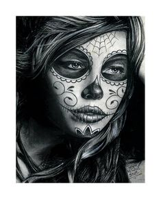 a drawing of a woman's face painted in black and white with sugar skulls