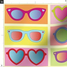 several pairs of sunglasses with hearts and stars on them, all in different colors from pink to blue