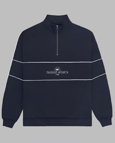 Parlez SIGNUS Quarter Zip Top Navy Parlez Embroidered Design, Zip Top, Stand Collar, Piping, Quarter Zip, Navy, Collar, White, Clothes