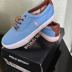 Polo Canvas Sneaker/ Baby Blue Never Worn Blue Lace-up Synthetic Canvas Shoes, Blue Sporty Canvas Shoes With Cushioned Footbed, Blue Sporty Canvas Shoes For Spring, Sporty Blue Canvas Shoes With Cushioned Footbed, Sporty Blue Canvas Shoes For Spring, Light Blue Leather Sneakers For Spring, Blue Sneakers With Soft Sole And Round Toe, Blue Slip-on Sneakers With Soft Sole, Blue Lace-up Canvas Shoes With Cushioned Footbed