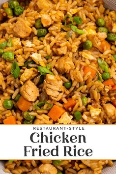 chicken fried rice with peas and carrots in a bowl