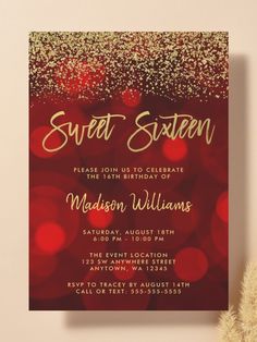 a red and gold glitter sweet sixteen birthday party card