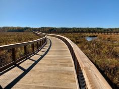 a wooden walkway in the middle of an open field