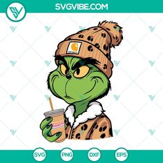 the grin face is holding a drink and wearing a leopard print on it's hat