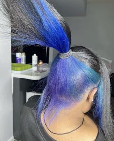 Hair Color In The Back, Crazy Colored Hair Ideas, Black Hair With Purple Skunk Stripe, Blue And Purple Natural Hair, Blue And Honey Blonde Hair, Peekaboo Hair Dye Ideas, Blue Purple Ombre Hair, Tri Colored Hair, Hair Color Ideas Split Dye