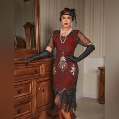 Beautiful Dark Red Dress, With Intricate Beading Red Gatsby Evening Dress, Fitted Red Flapper Dress With Sequins, Elegant Red Flapper Dress With Sequins, Red Fitted Flapper Dress For Parties, Elegant Red Sequined Flapper Dress, Fitted Red Sequin Flapper Dress, Fitted Red Flapper Dress For Parties, Elegant Red Flapper Evening Dress, Elegant Red Flapper Dress For Evening