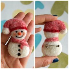 a hand holding a small snowman pin in it's left side and another photo of the same item on its right