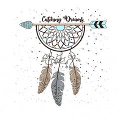 a drawing of a dream catcher with feathers hanging from it's side and the words catching dreams above it