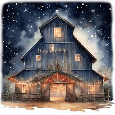 a painting of a barn with christmas lights on it