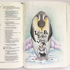 an open children's book with penguin and penguinling on the page, which is written