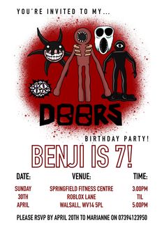 a birthday party flyer with three cartoon characters and the words dears written on it