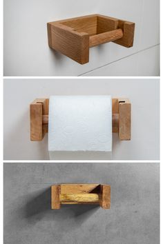 three different views of toilet paper holders on the wall and in the bathroom, one is made out of wood