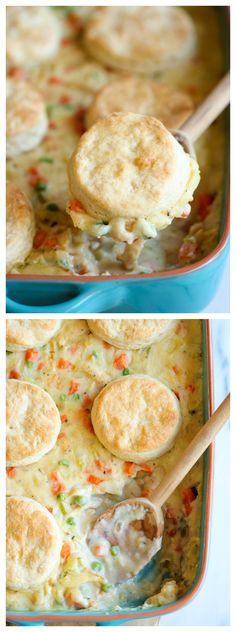 two pictures showing the process of making biscuits and gravy in a casserole dish