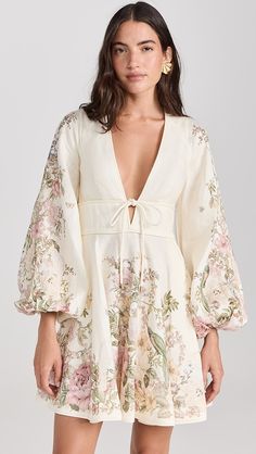 Zimmermann Waverly Plunge Mini Dress | Shopbop Rainey Qualley, Zimmermann Swimwear, Plunge Mini Dress, Zimmermann Dress, Linen Mini Dress, One Clothing, White Floral Dress, Feminine Aesthetic, Long Puff Sleeves