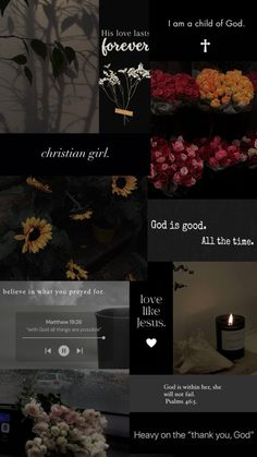 a collage of images with flowers and words on them that say i am a child of god