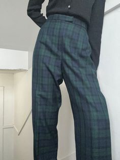 "Green and blue classic plaid wool trousers by Pendleton Lined, well constructed, wide, slightly tapered leg, no pockets or belt loops Sleek, minimal drape and silhouette Condition: excellent Material: wool Care: dry clean Size: US womens 14 Fits an 8-12 depending on desired fit Model is 5'9\" and wears a modern 8 in pants Measurements Waist: 32 in Hips: 42 in Rise: 14 in Length: 43 in" Classic Plaid Pants For Office, Classic Plaid Business Casual Pants, Classic Plaid Pants For Business Casual, Classic Plaid Bottoms For Office, Classic Plaid Pants For Workwear, Classic Plaid Office Bottoms, Classic Wide Leg Plaid Pants, Classic Plaid Bottoms For Business Casual, Tailored Plaid Bottoms For Office