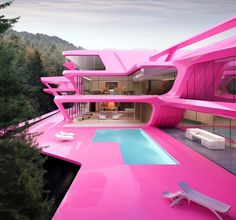 a pink house with a pool in the middle