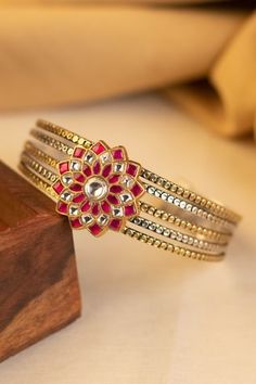 92.5 silver floral cuff with kundan embellishments. - Aza Fashions Festive Kundan Bracelets With Cutdana, Festive Multicolor Kundan Bracelet, Festive Silver Kundan Bracelets, Festive Gold Kundan Bracelet, Festive Pink Meenakari Bangle, Ayushmann Khurrana, Bracelets Pink, Jewellery Bracelets, Floral Cuff