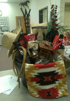 a basket filled with items sitting on top of a table