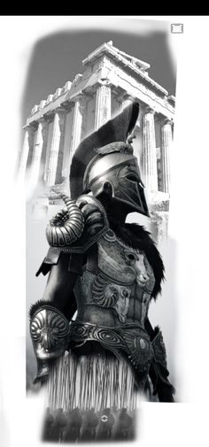 a black and white photo of a roman soldier in front of the parthenion