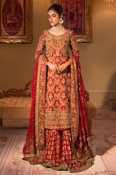 Gold Red Long Kameez Lehenga Pakistani Bridal Dresses Pakistani Pishwas, Long Kameez, Kameez Lehenga, Lehenga Pakistani, Frock Style, Raw Silk Fabric, Pakistani Wedding Dress, Pakistani Fashion Party Wear, Shocking Pink