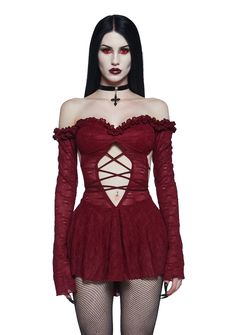 base|dark red Dark Red Coquette, Mesh Long Sleeve Dress, Vampire Fashion, Long Sleeve Mesh Dress, Red Dolls, Mesh Long Sleeve, Shoulder Design, Fashion Shop, Trendy Fashion Women