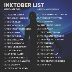 an info sheet with the names and dates for inktober list in black on a blue background