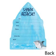 Shark Zone Fill-In the Blank Invitation Set INCLUDES 12 jawsome shark party invitations and 12 premium white envelopes. Shark Zone fill-in invitation is perfect for any event. The shark theme is great for a baby shower or birthday party. Shark week party invitations SIZE 5 inches by 6.75 inches. The included envelopes measure 5 inches by 7 inches. The back of each Shark Zone baby shower or birthday party invitation has space to add your party details: For: Date: Time: Place: Given By: RSVP: PREM Shark Party Invitations, Jawsome Shark, Shark Birthday Party Invitation, Shark Week Party, Shark Birthday Party, Shark Party, Birthday Party Invite, Shark Birthday, Cards With Envelopes