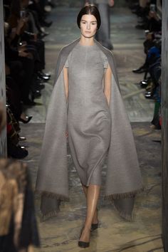 A steel-grey fringe-edged #Valentino #Stole over knee-length knit dress from the 2014 NY Fashion Week runway turns a fashion basic into jawdropping elegance! #Stole #Cape Read blogpost at http://www.whitestole.com/blog--flowing-chic-modern-bridal-style/category/valentino Couture Runway, 2014 Fashion, Spring Summer 2014, Mode Inspiration, Couture Collection